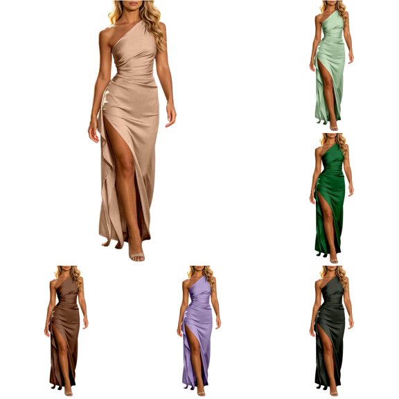 XIAONU Women's One-Shoulder Maxi Dress Ruched High-Slit Maxi Dresses Evening Wedding Formal Gown