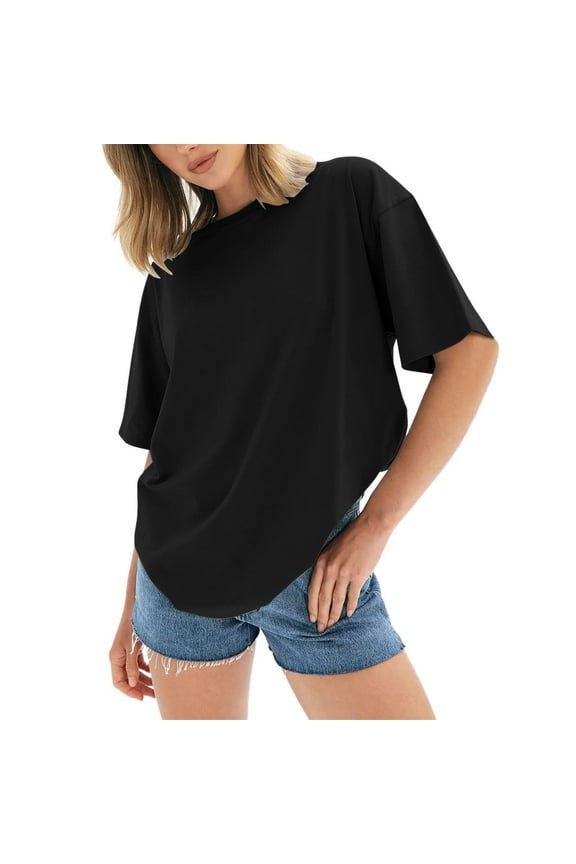 XIAONU Women's Oversized Boyfriend Tee Round Neck Short Sleeve Curved Hem Top Soft Casual Daily Loungewear T-Shirt