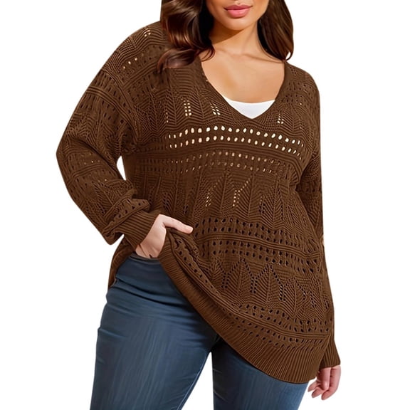 XIAONU Women's Oversized V Neck Long Sleeve Knitted Sweater Lightweight Crochet Pullover Boho Casual Top