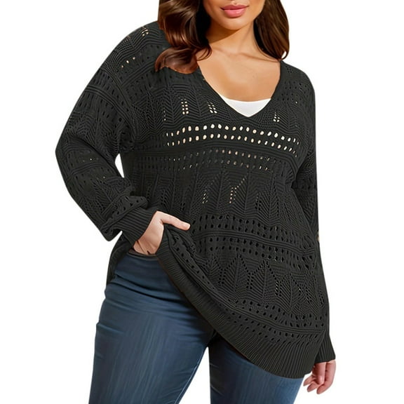 XIAONU Women's Oversized V Neck Long Sleeve Knitted Sweater Lightweight Crochet Pullover Boho Casual Top