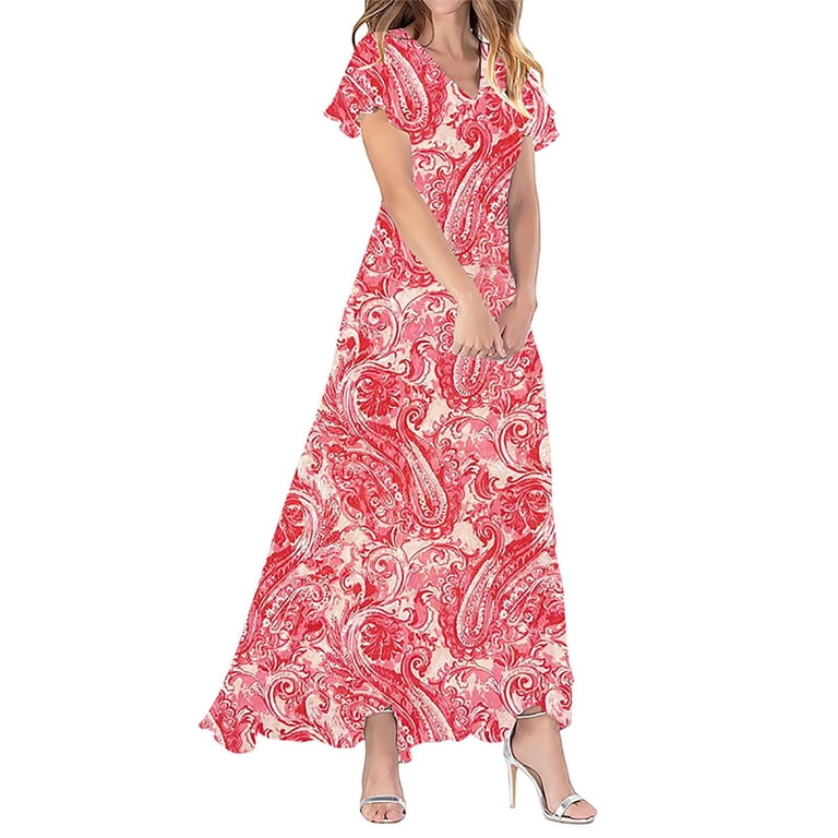 maxi dresses for brunch XIAONU Women's Paisley-Print Dress Flutter-Sleeve Maxi Spring Long Gown hot pink maxi dress
