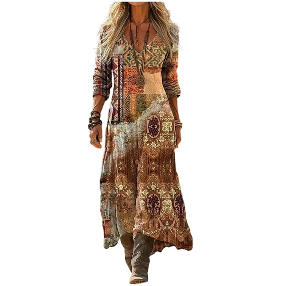 XIAONU Women's Patchwork Ethnic Print Maxi Dress V Neck Long Sleeve Boho Vacation Gown