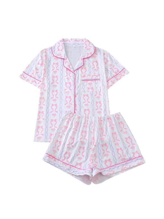 Women's Pink Bow Chain Floral Print Pajama Set Loose Short Sleeve Notch Collar Loungewear Soft Romantic Relax Pajamas