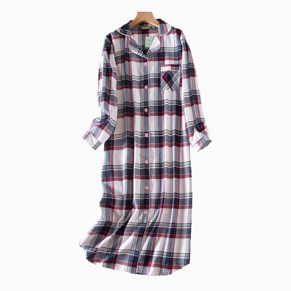 XIAONU Women's Plaid Flannel Nightgown Loose Fit Three Quarter Sleeve Notch Collar Sleep Dress Soft Casual Sleep Nightgowns