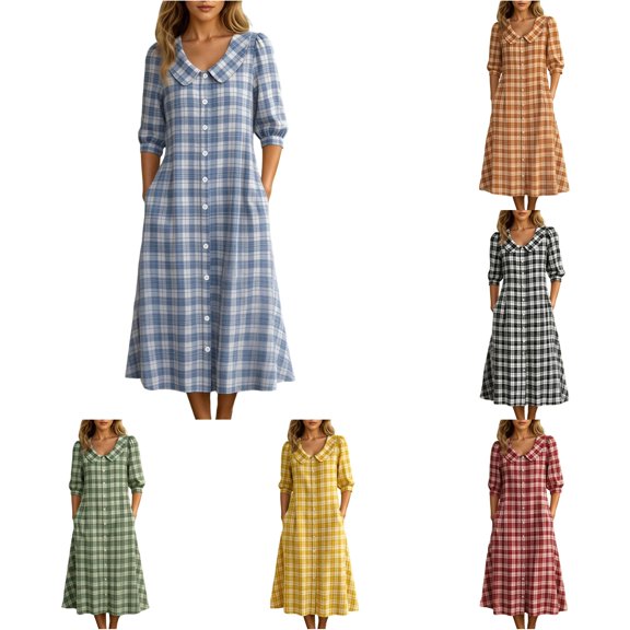 XIAONU Women's Plaid Midi Dress Turn-Down Collar Puff-Sleeve Daily Weekend Shirt Gown