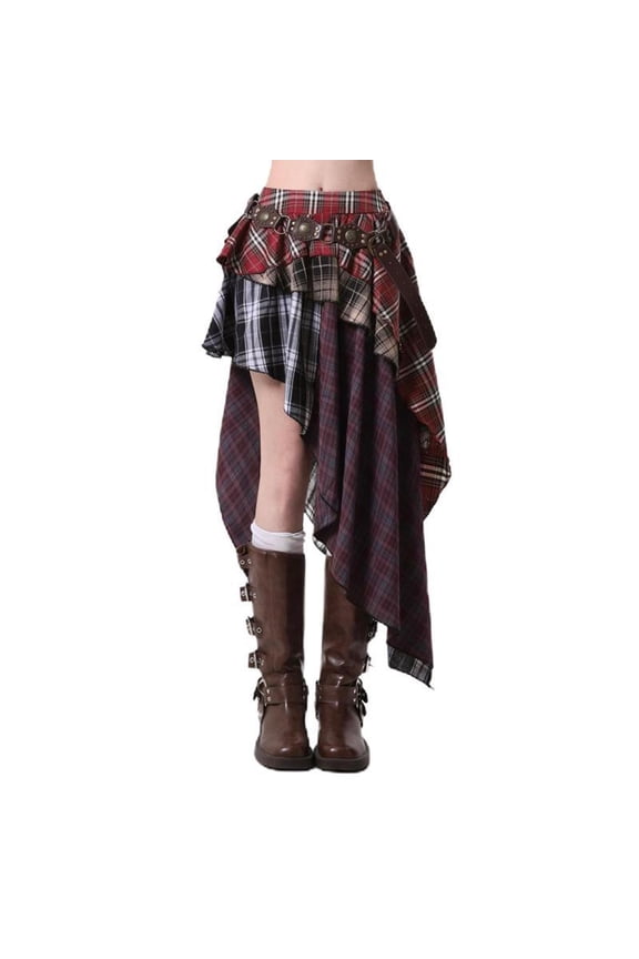 Women's Plaid Mini Skirt Asymmetrical Patchwork Steampunk Skirt Edgy Grunge Festival Skirts