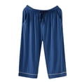 thumbnail image 1 of XIAONU Women's Pocketed Piped Trim Cropped Pants Loose Fit Three Quarter Sleeve V Neck Loungewear Soft Casual Sleep Pajama Pants, 1 of 3