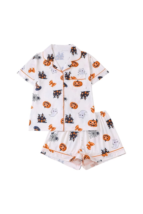 Women's Pumpkin Ghost House Print Pajama Set Loose Short Sleeve Notched Collar Sleep Set Breathable Cute Sleep Pajamas