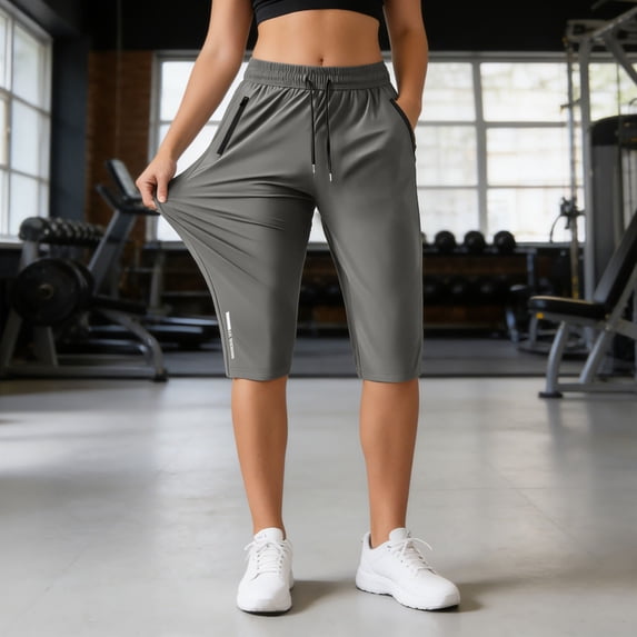 XIAONU Women's Quick Dry Athletic Capri Shorts Zipper-Pocket Workout Gym Knee-Length Pants