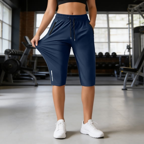 XIAONU Women's Quick Dry Athletic Capri Shorts Zipper-Pocket Workout Gym Knee-Length Pants