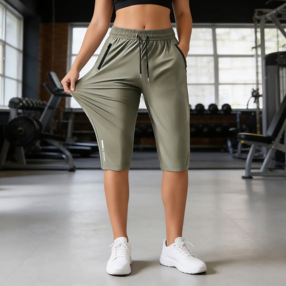 XIAONU Women's Quick Dry Athletic Capri Shorts Zipper-Pocket Workout Gym Knee-Length Pants