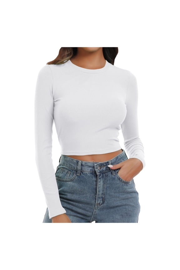 Women's Ribbed Form Fitting Crop Top Slim Fit Long Sleeve Crew Neck Pullover Blouse Stretchy Casual Daily Wear