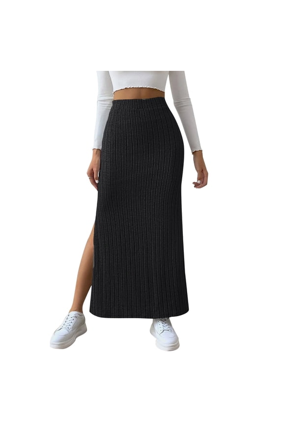 Women's Ribbed Knit Maxi Skirt High-Waisted Side Slit Midi Skirt Cozy Casual Daily Lounge Skirts