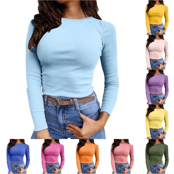 XIAONU Women's Ribbed Top Long Sleeve Crew Neck Fitted Basic Shirts Tees