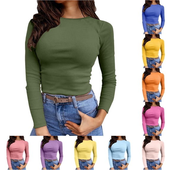 XIAONU Women's Ribbed Top Long Sleeve Crew Neck Fitted Basic Shirts Tees