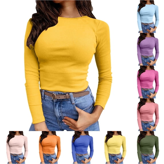 XIAONU Women's Ribbed Top Long Sleeve Crew Neck Fitted Basic Shirts Tees
