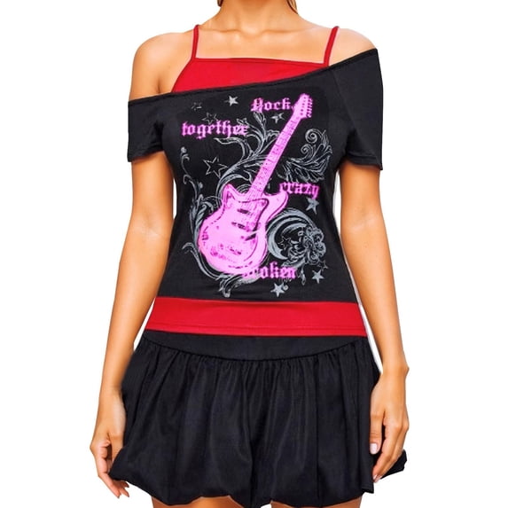 XIAONU Women's Rock Guitar Graphic Crop Top Slim Short Sleeve Off Shoulder Pullover Tee Stretchy Edgy Casual Tops