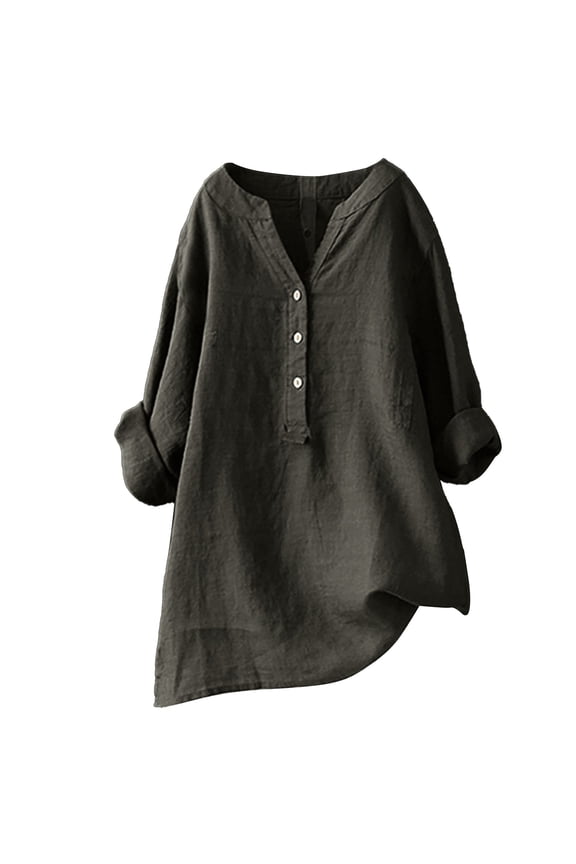 Women's Roll Tab Sleeve Linen Tunic Loose Long Sleeve Split Neck Half Button Pullover Top Breathable Lagenlook Casual Tunics