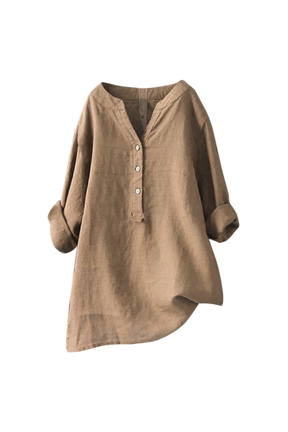 Women's Roll Tab Sleeve Linen Tunic Loose Long Sleeve Split Neck Half Button Pullover Top Breathable Lagenlook Casual Tunics