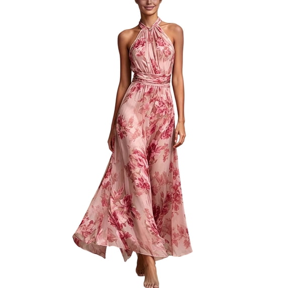 XIAONU Women's Ruched Waist Halter Maxi Dress Floral Print Spring Bridal Party Gown
