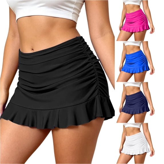 XIAONU Women's Ruffle Hem Swim Skirt Side Ruched Beach Summer Swim Skort