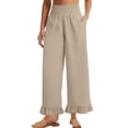 thumbnail image 1 of XIAONU Women's Ruffle Hem Wide Leg Pants Smocked High Waist Side Pocket Design Trousers Lightweight Boho Style Casual Bottoms Beige, 1 of 6