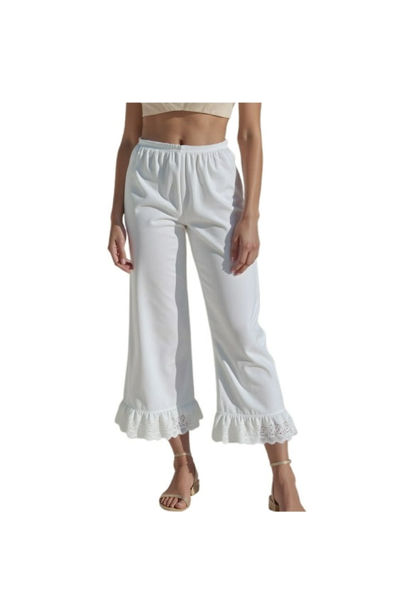 Women's Ruffled Cropped Pants Wide Leg Lace Trimmed Trousers Soft Feminine Casual Bottoms White