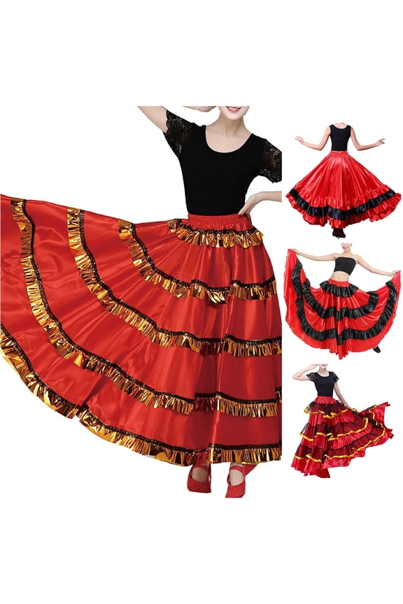 Women's Ruffled Full Circle Dance Skirt Tiered Performance Flamenco Long Skirt