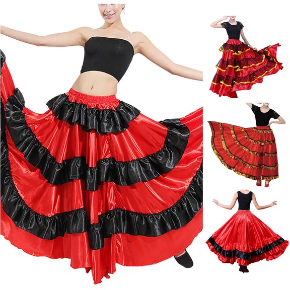 XIAONU Women's Ruffled Full Circle Dance Skirt Tiered Performance Flamenco Long Skirt