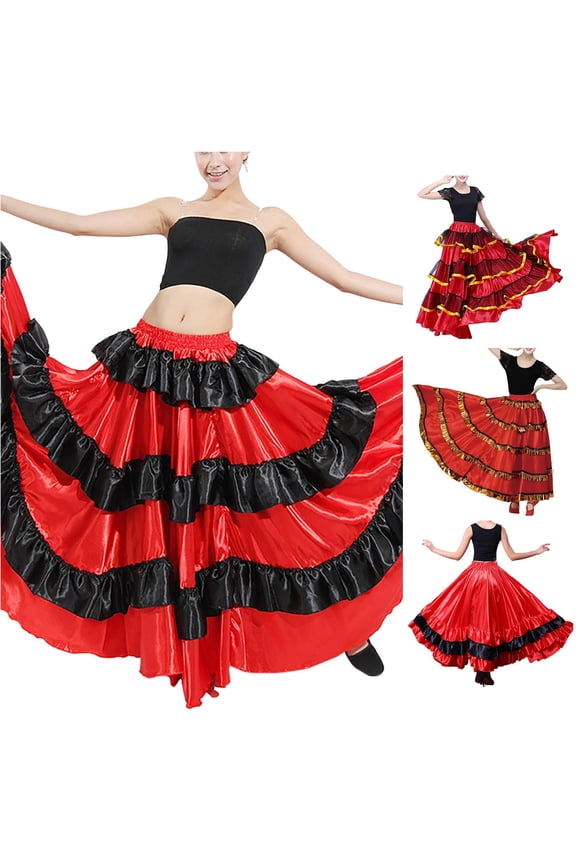 Women's Ruffled Full Circle Dance Skirt Tiered Performance Flamenco Long Skirt