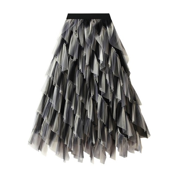 XIAONU Women's Ruffled Tulle Skirt Asymmetrical Layered Maxi Skirt Flowy Edgy Evening Skirts