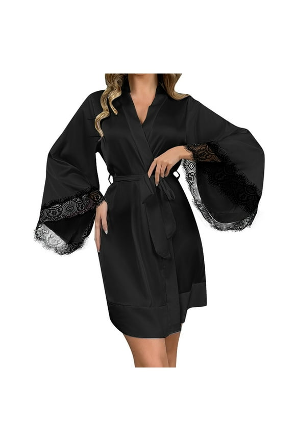 XIAONU Women's Satin Robe With Lace Trim Bell Sleeve Belted Wrap Kimono Smooth Elegant Nightwear Cover Up