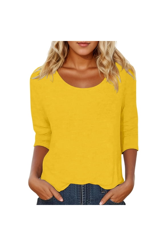 Women's Scoop Neck Elbow Sleeve Top Casual Loose Fit Curved Hem Everyday Basic Tee