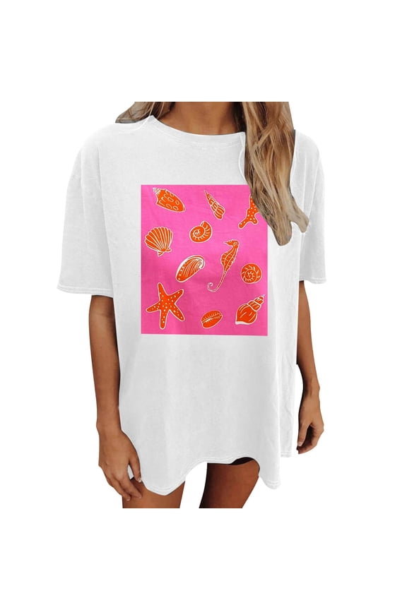 Women's Seashell Starfish Seahorse Graphic Oversized Tee Short Sleeve Crewneck Pullover Top Lightweight Beachy Vacation Tees