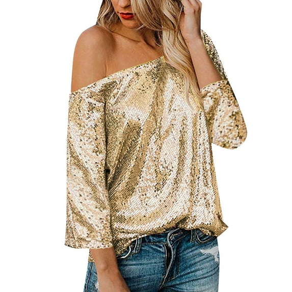XIAONU Women's Sequin Blouse Sparkly Loose-Fit Glitter Top Off Shoulder Festive Party Night Out Shirts