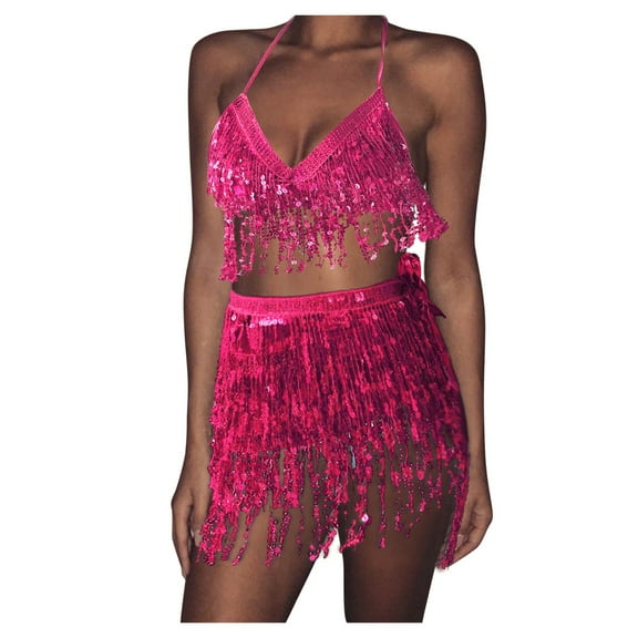 XIAONU Women's Sequin Fringe 2 Piece Set Halter Neck Crop Top & Mini Skirt Outfit Party Club Night Sparkle Dancewear