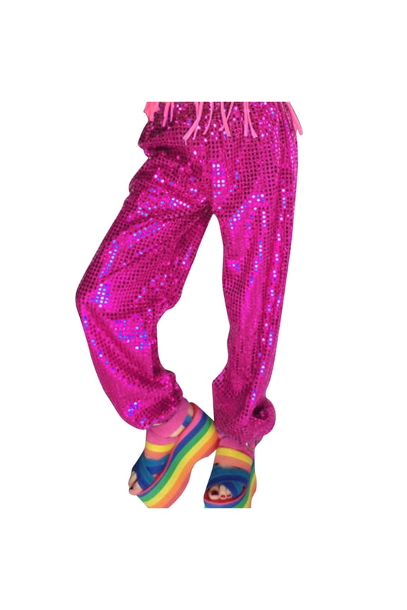 Women's Sequin Harem Pants Elastic Waist Sparkly Design Trousers Loose Fit Dance Style Party Bottoms Hot Pink