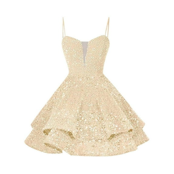 XIAONU Women's Sequin Homecoming Dress Spaghetti Strap Deep V Neck Ruffle Mini Gown Sweet Shiny Prom Party Evening Dress