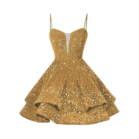 XIAONU Women's Sequin Homecoming Dress Spaghetti Strap Deep V Neck Ruffle Mini Gown Sweet Shiny Prom Party Evening Dress