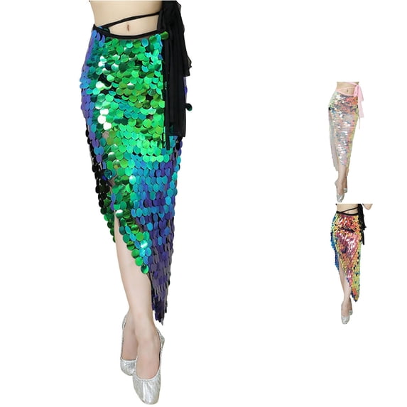 XIAONU Women's Sequin Wrap Skirt Asymmetrical Long Skirt Dance Performance Bottom Wear