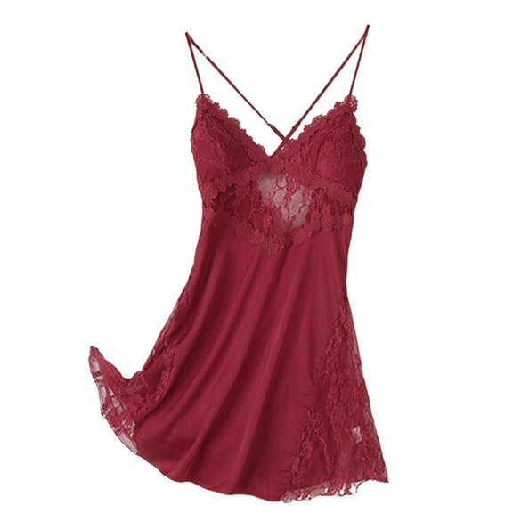 XIAONU Women's Sexy Camisole Nightgown Satin Chiffon Lace Trim Homewear Elegant Bedroom Sleepwear Dress