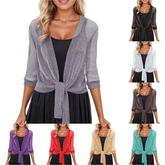 XIAONU Women's Sheer Glitter 3/4 Sleeve Tie Front Cardigan Open Front Lightweight Night Out Party Layering Cover Up Top