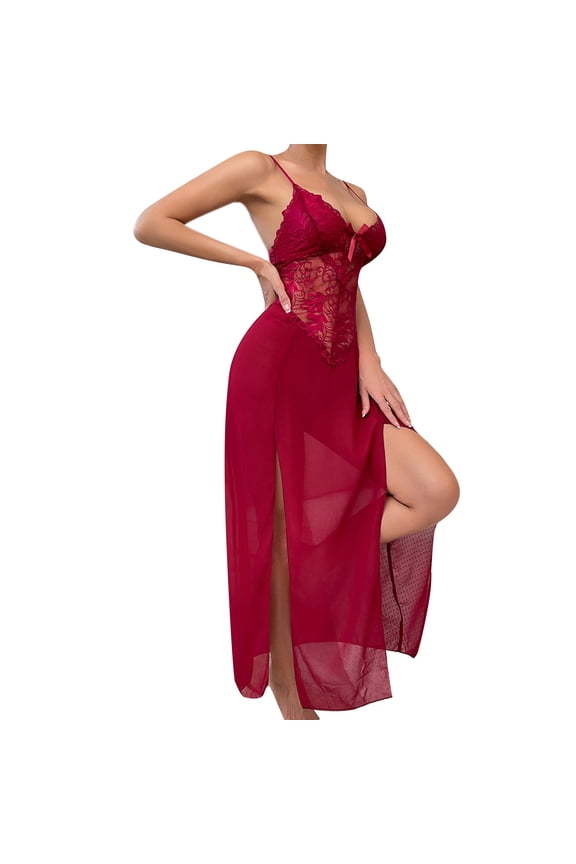 XIAONU Women's Sheer Lace Chemise With Bow Spaghetti Strap Side Slit Maxi Nightgown Lightweight Romantic Sleepwear Dress