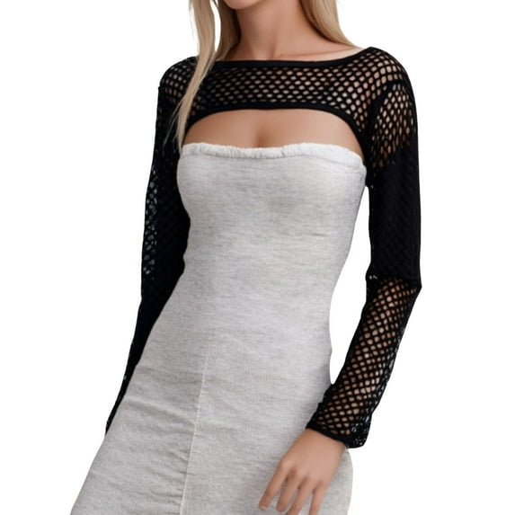 XIAONU Women's Sheer Mesh Crop Top Long Sleeve Hollow-Out Top Open-Front Stretchy Blouse for Layering