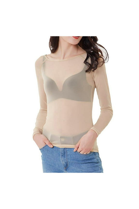 XIAONU Women's Sheer Mesh Top Slim Fit Crew Neck Long Sleeve Layering Tee Lightweight Inner Wear Tops