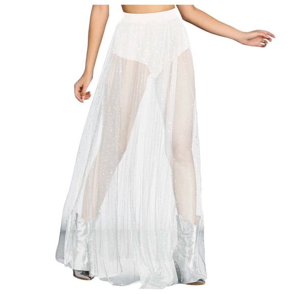 XIAONU Women's Sheer Sparkle Maxi Skirt Split Leg Mesh Overlay Skirt Glamorous Rave Festival Concert Skirts