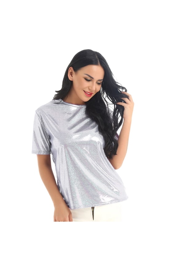Women's Shiny Metallic T-Shirt Round-Neck Short-Sleeve Party Night Tee