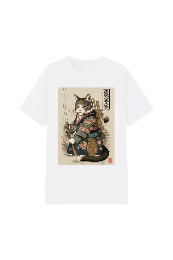 Women's Short-Sleeve T-Shirt Samurai Cat Ukiyo-E Graphic Tee Japanese Art Style Casual Cotton Top
