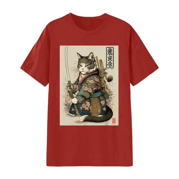 XIAONU Women's Short-Sleeve T-Shirt Samurai Cat Ukiyo-E Graphic Tee Japanese Art Style Casual Cotton Top
