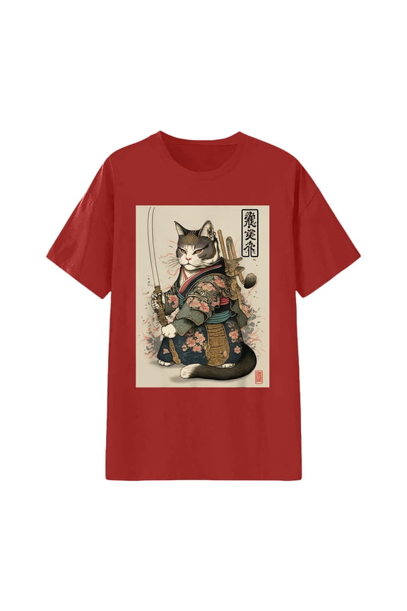Women's Short-Sleeve T-Shirt Samurai Cat Ukiyo-E Graphic Tee Japanese Art Style Casual Cotton Top